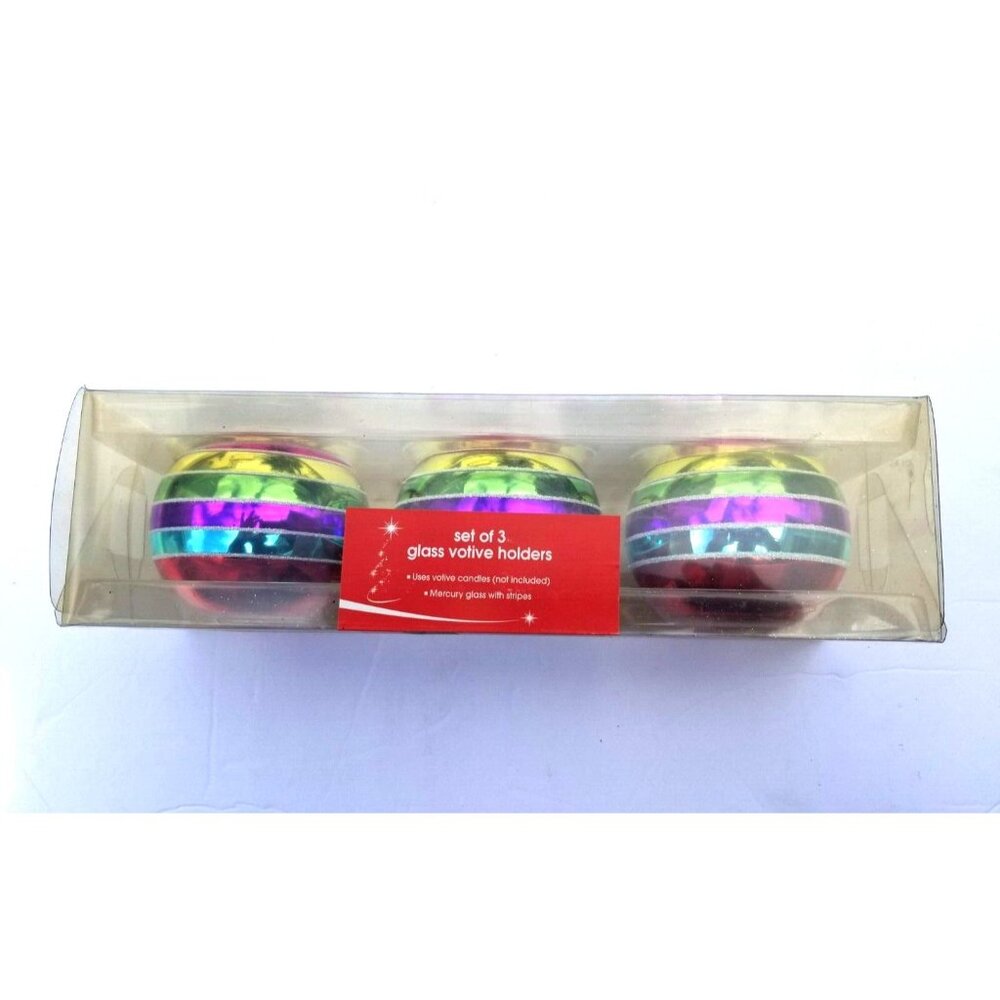 JCP Mercury Glass Votive Holders Set Of 3 Multicolor Stripe Tea Light Holder NEW